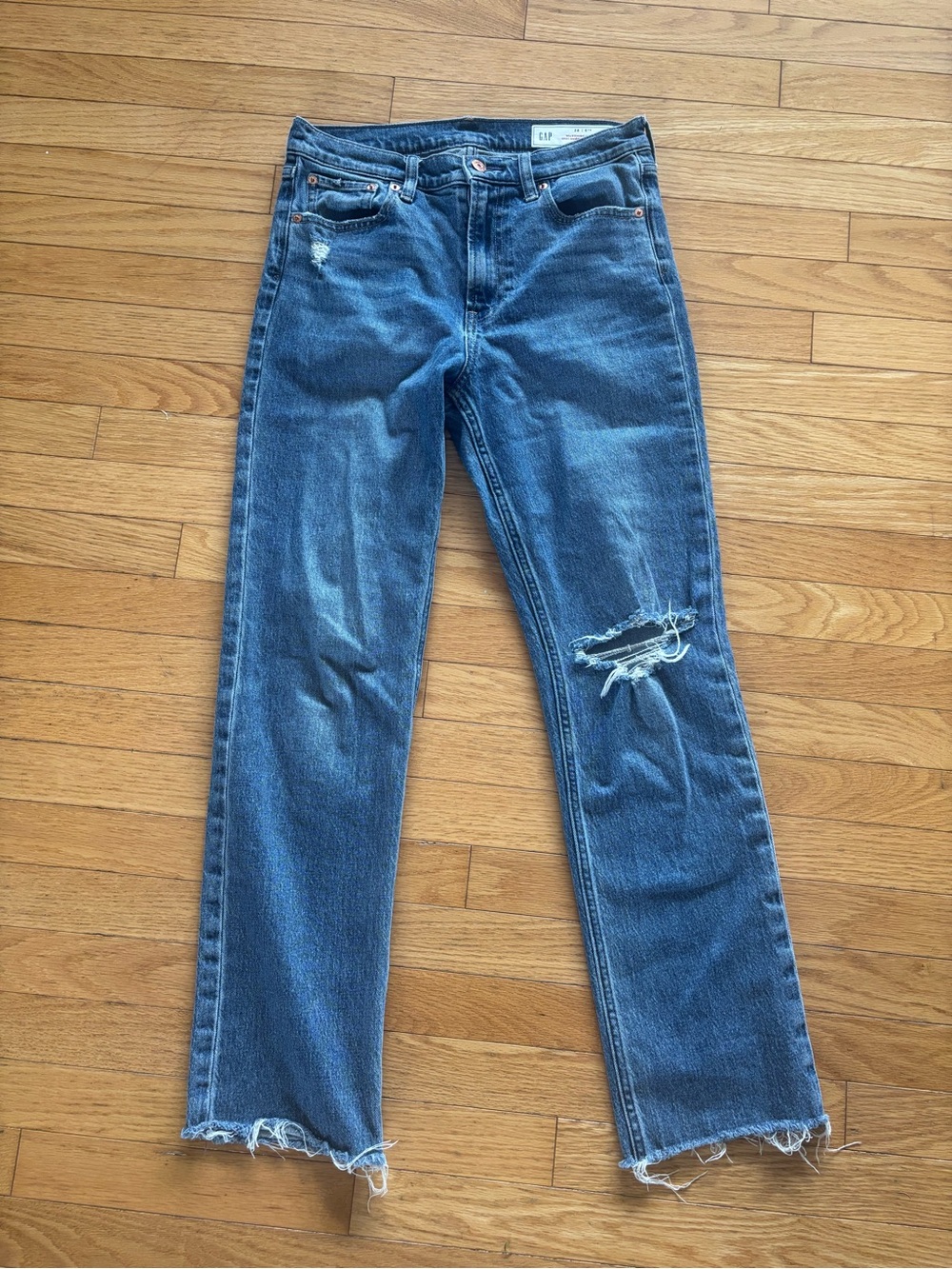 GAP Straight Leg Distressed Jeans in Dark Blue